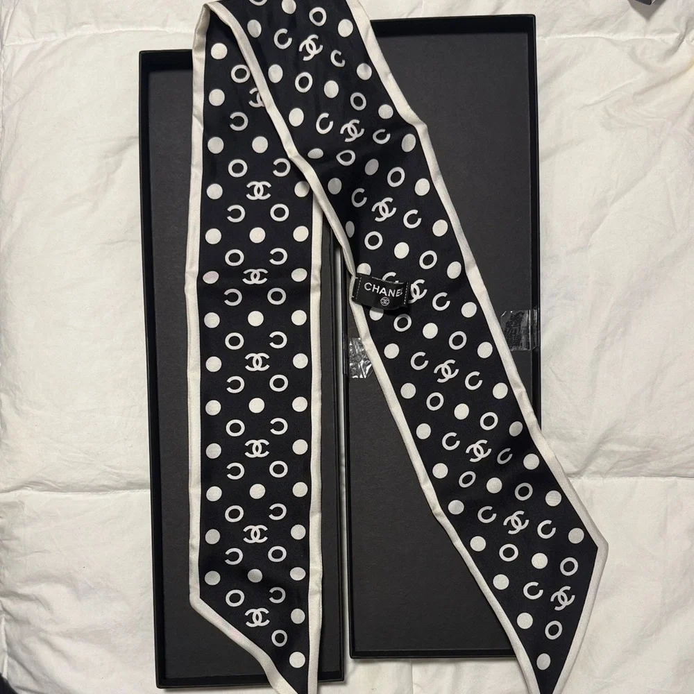 CHANEL Black and White Polka Dot Silk Twilly Scarf
